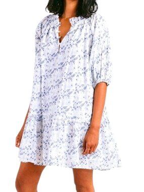 Cleobella Nevah Mini Dress Small Blue Floral Cotton Boho Tiered